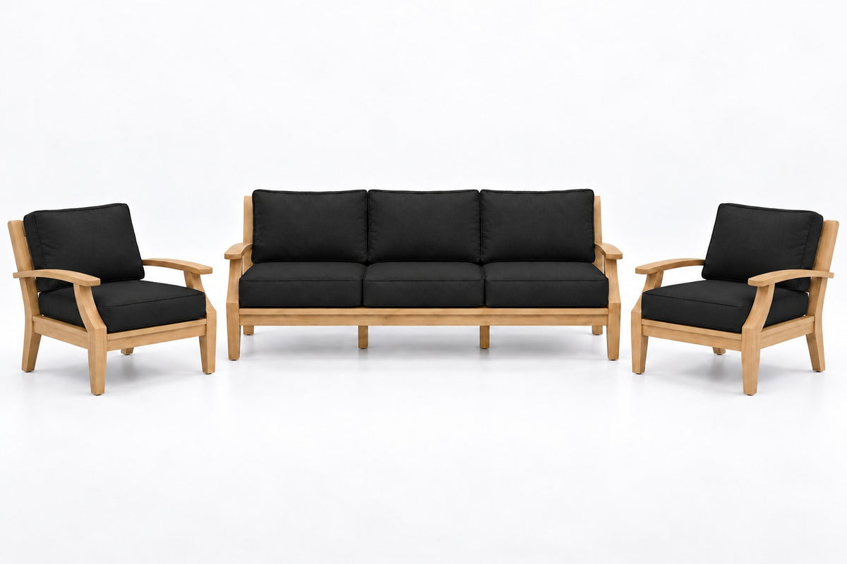 Mila Teak Outdoor Sofa Chat Set – 3 Piece in Sunbrella 5408 Canvas Black | Jr's Patio San Diego