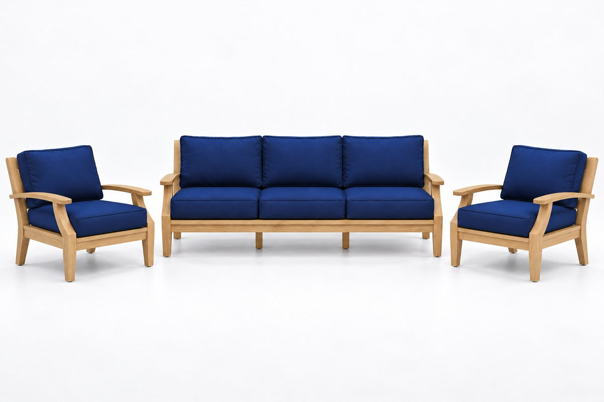 Mila Teak Outdoor Sofa Chat Set – 3 Piece in Sunbrella 5439 Canvas Navy | Jr's Patio San Diego