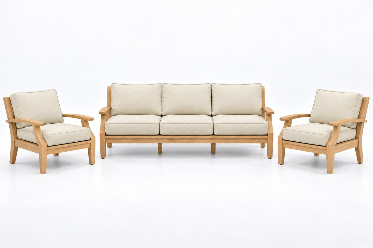Mila Teak Outdoor Sofa Chat Set – 3 Piece in Sunbrella 5453 Canvas Canvas | Jr's Patio San Diego