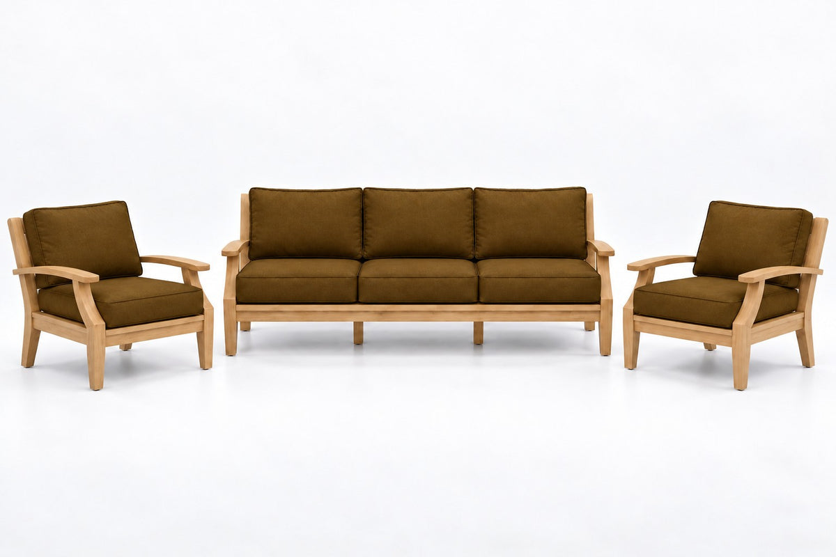 Mila Teak Outdoor Sofa Chat Set – 3 Piece in Sunbrella 5488 Canvas Teak | Jr's Patio San Diego