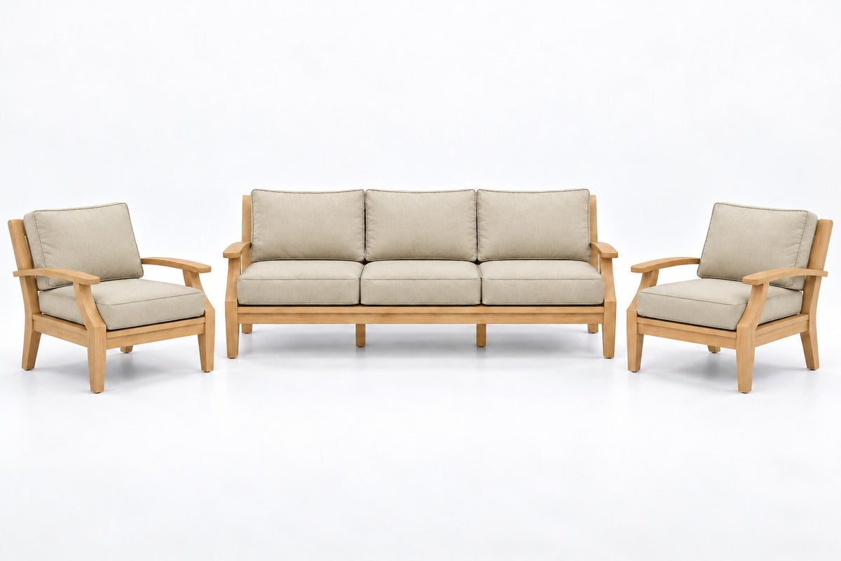 Mila Teak Outdoor Sofa Chat Set – 3 Piece in Sunbrella 5492 Canvas Flax | Jr's Patio San Diego