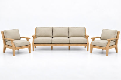 Mila Teak Outdoor Sofa Chat Set – 3 Piece in Sunbrella 5492 Canvas Flax | Jr's Patio San Diego