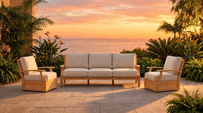 Mila Teak Outdoor Sofa & Swivel Chair Set – 3 Piece - Lifestyle - Jrs Patio San Diego