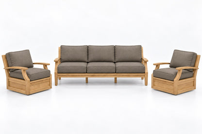 Mila Teak Outdoor Sofa & Swivel Chair Set – 3 Piece in Sunbrella 40432 Cast Shale | Jr's Patio San Diego