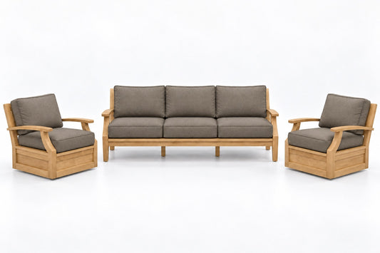 Mila Teak Outdoor Sofa & Swivel Chair Set – 3 Piece in Sunbrella 40432 Cast Shale | Jr's Patio San Diego