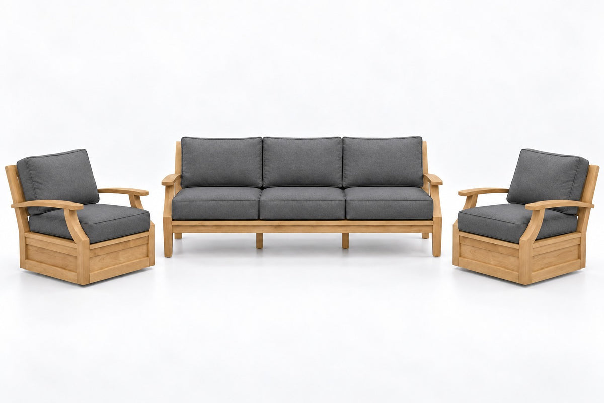Mila Teak Outdoor Sofa & Swivel Chair Set – 3 Piece in Sunbrella 40434 Cast Slate | Jr's Patio San Diego