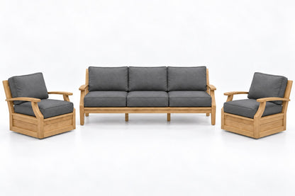 Mila Teak Outdoor Sofa & Swivel Chair Set – 3 Piece in Sunbrella 40434 Cast Slate | Jr's Patio San Diego