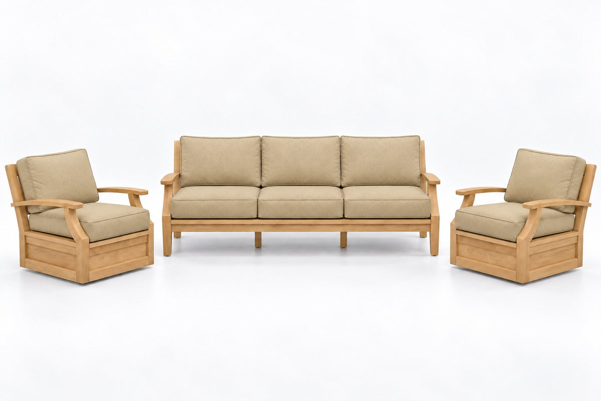 Mila Teak Outdoor Sofa & Swivel Chair Set – 3 Piece in Sunbrella 48019 Spectrum Sand | Jr's Patio San Diego