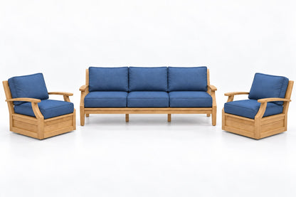 Mila Teak Outdoor Sofa & Swivel Chair Set – 3 Piece in Sunbrella 48080 Spectrum Indigo | Jr's Patio San Diego