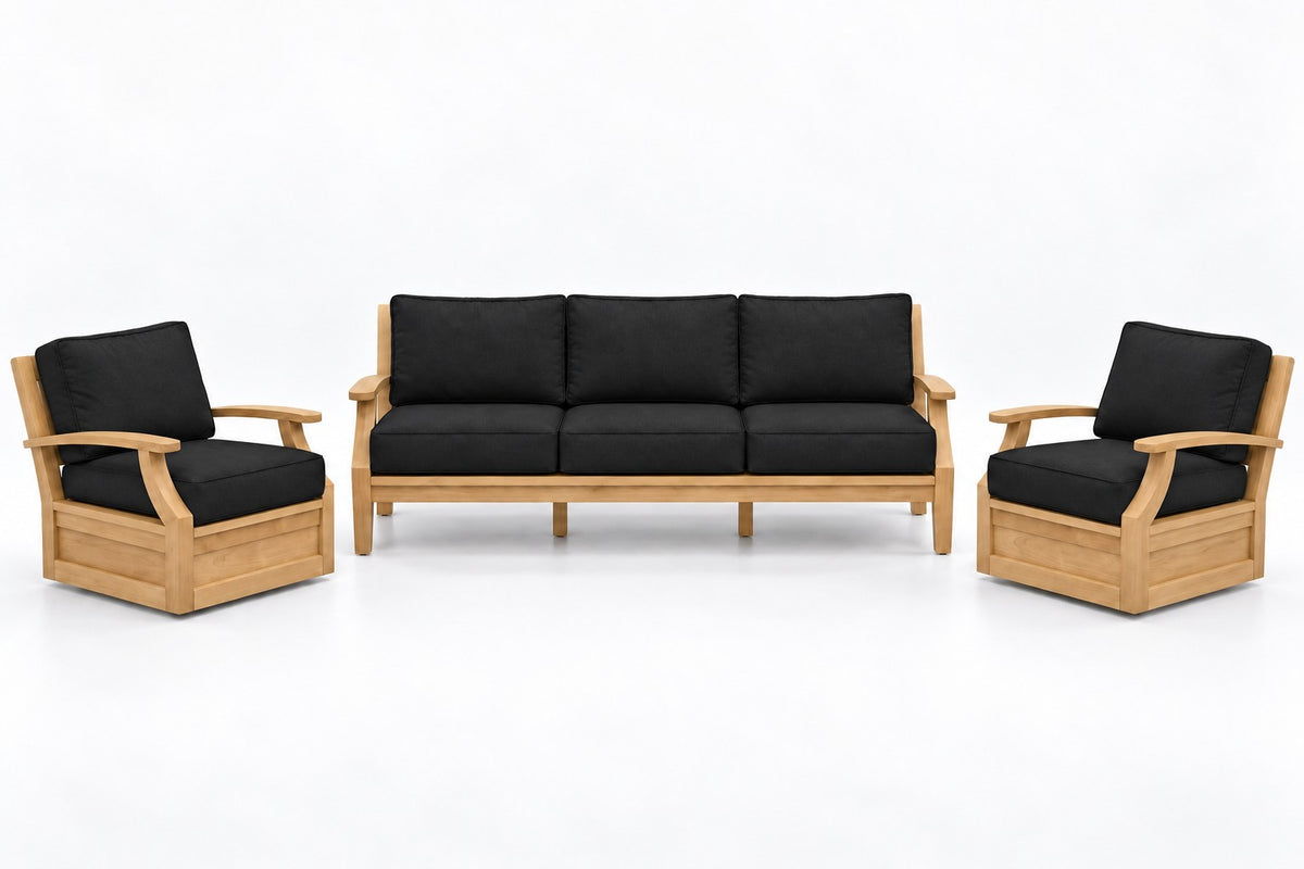 Mila Teak Outdoor Sofa & Swivel Chair Set – 3 Piece in Sunbrella 5408 Canvas Black | Jr's Patio San Diego