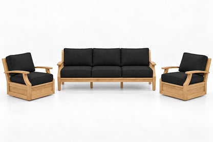Mila Teak Outdoor Sofa & Swivel Chair Set – 3 Piece in Sunbrella 5408 Canvas Black | Jr's Patio San Diego