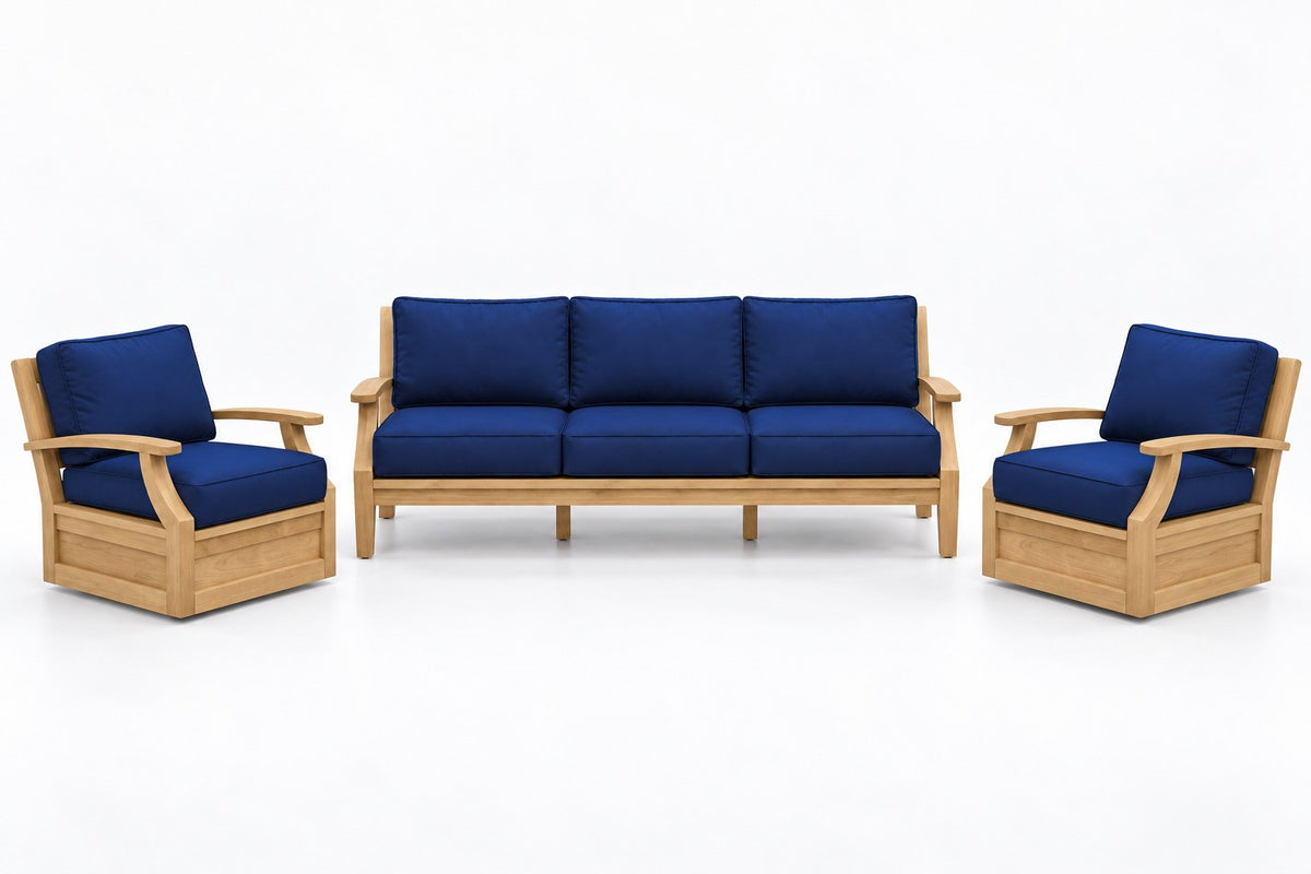 Mila Teak Outdoor Sofa & Swivel Chair Set – 3 Piece in Sunbrella 5439 Canvas Navy | Jr's Patio San Diego