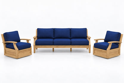 Mila Teak Outdoor Sofa & Swivel Chair Set – 3 Piece in Sunbrella 5439 Canvas Navy | Jr's Patio San Diego