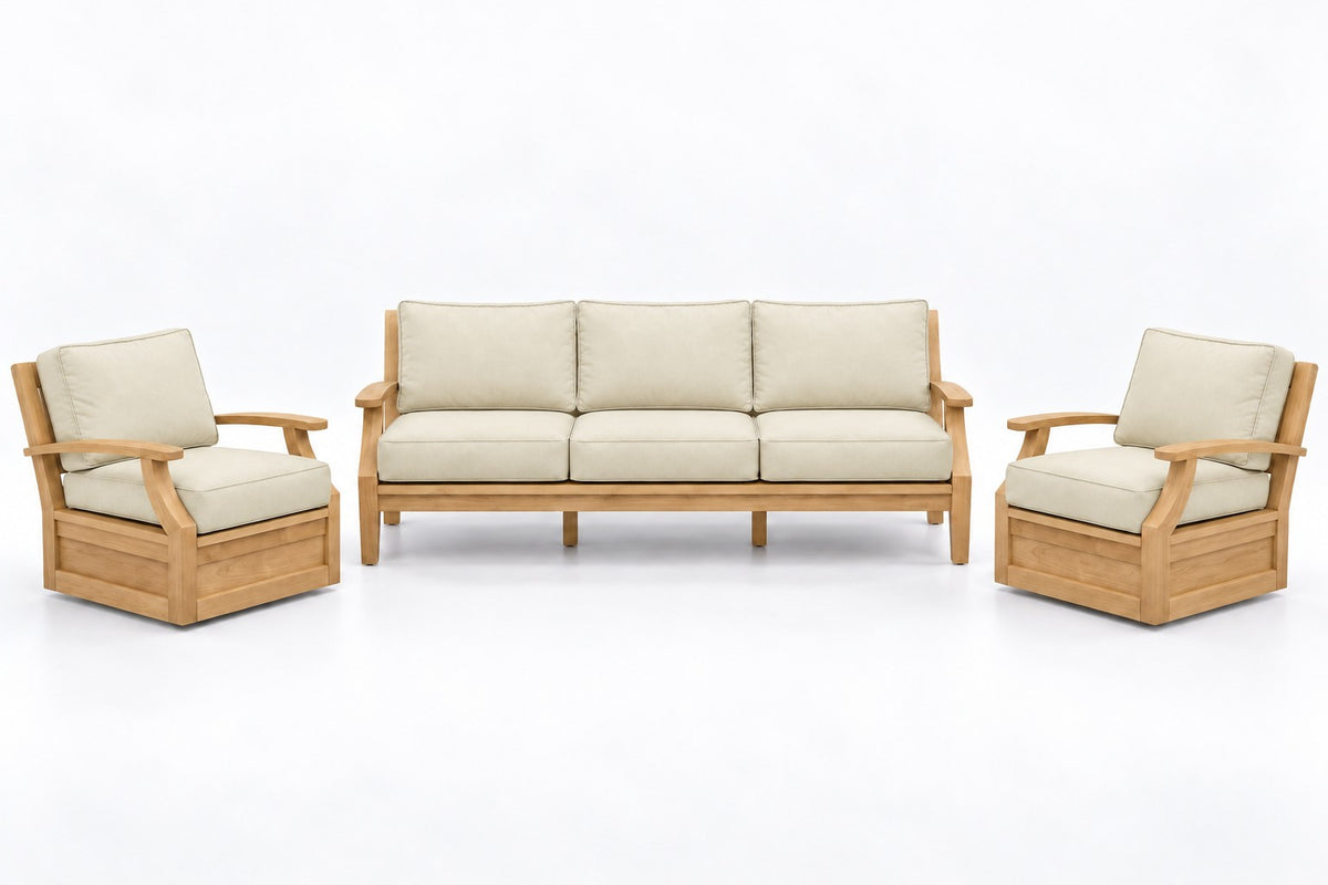 Mila Teak Outdoor Sofa & Swivel Chair Set – 3 Piece in Sunbrella 5453 Canvas Canvas | Jr's Patio San Diego