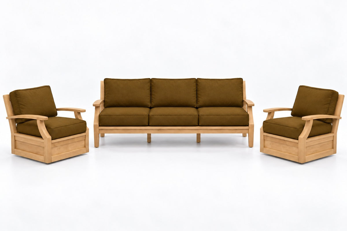 Mila Teak Outdoor Sofa & Swivel Chair Set – 3 Piece in Sunbrella 5488 Canvas Teak | Jr's Patio San Diego