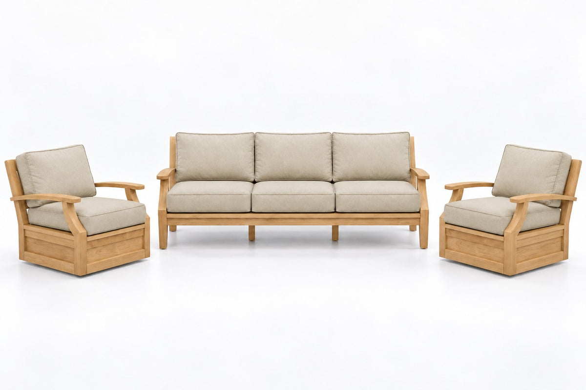 Mila Teak Outdoor Sofa & Swivel Chair Set – 3 Piece in Sunbrella 5492 Canvas Flax | Jr's Patio San Diego