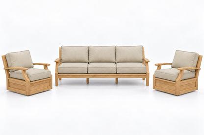 Mila Teak Outdoor Sofa & Swivel Chair Set – 3 Piece in Sunbrella 5492 Canvas Flax | Jr's Patio San Diego