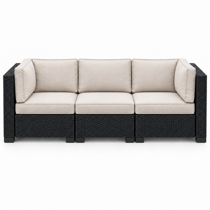 Essential Black Wicker Sofa with light beige cushions | Jr's Patio San Diego