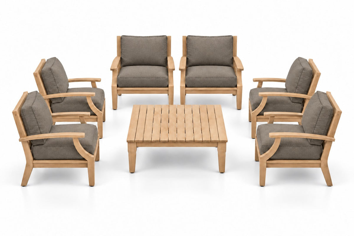 Mila Teak Outdoor Club Chair Set – 7 Piece in Sunbrella 40432 Cast Shale | Jr's Patio San Diego
