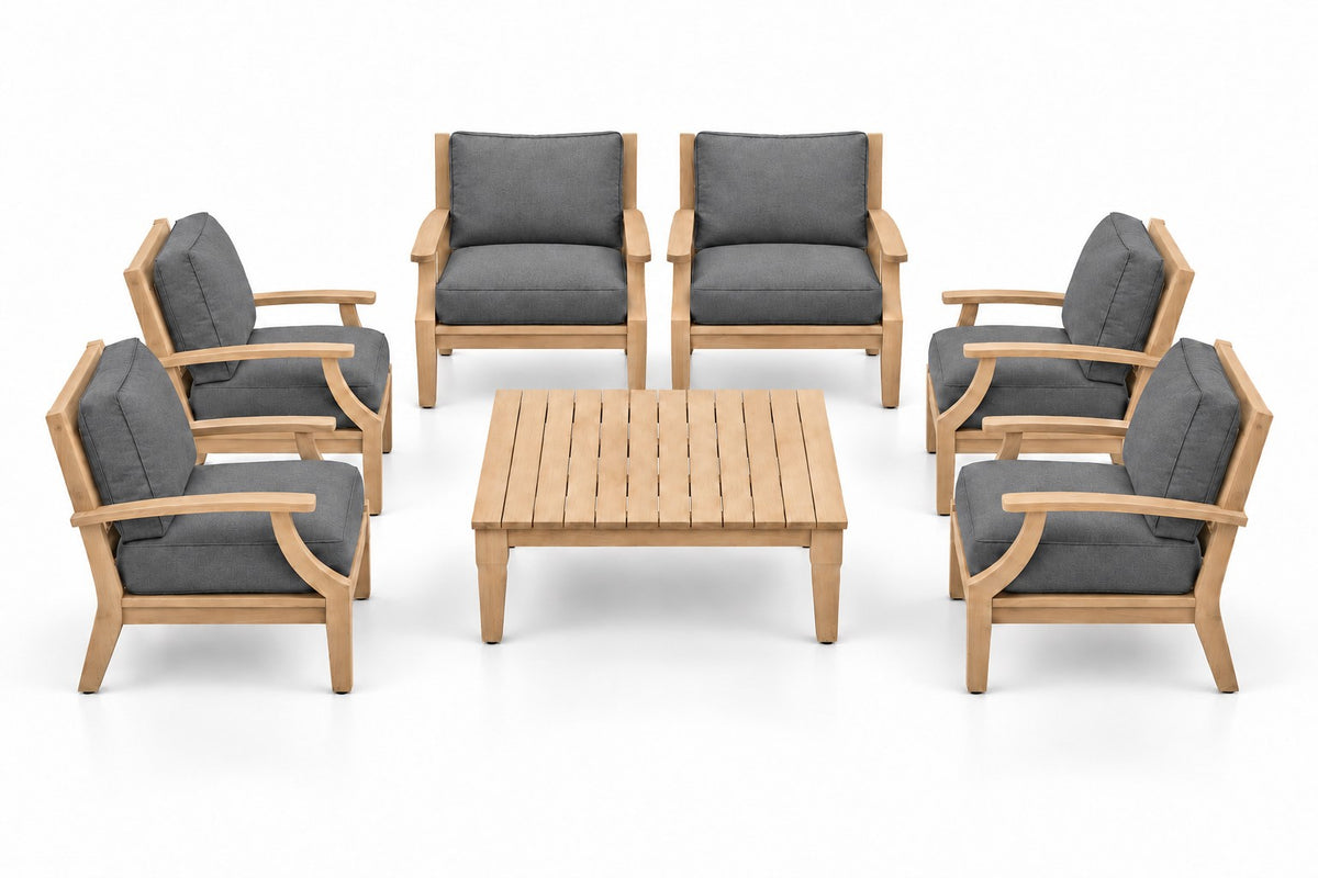 Mila Teak Outdoor Club Chair Set – 7 Piece in Sunbrella 40434 Cast Slate | Jr's Patio San Diego
