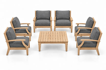 Mila Teak Outdoor Club Chair Set – 7 Piece in Sunbrella 40434 Cast Slate | Jr's Patio San Diego