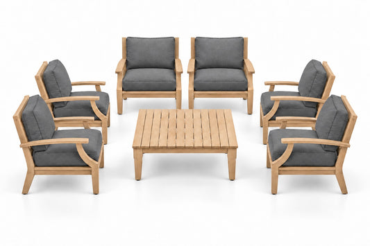 Mila Teak Outdoor Club Chair Set – 7 Piece in Sunbrella 40434 Cast Slate | Jr's Patio San Diego