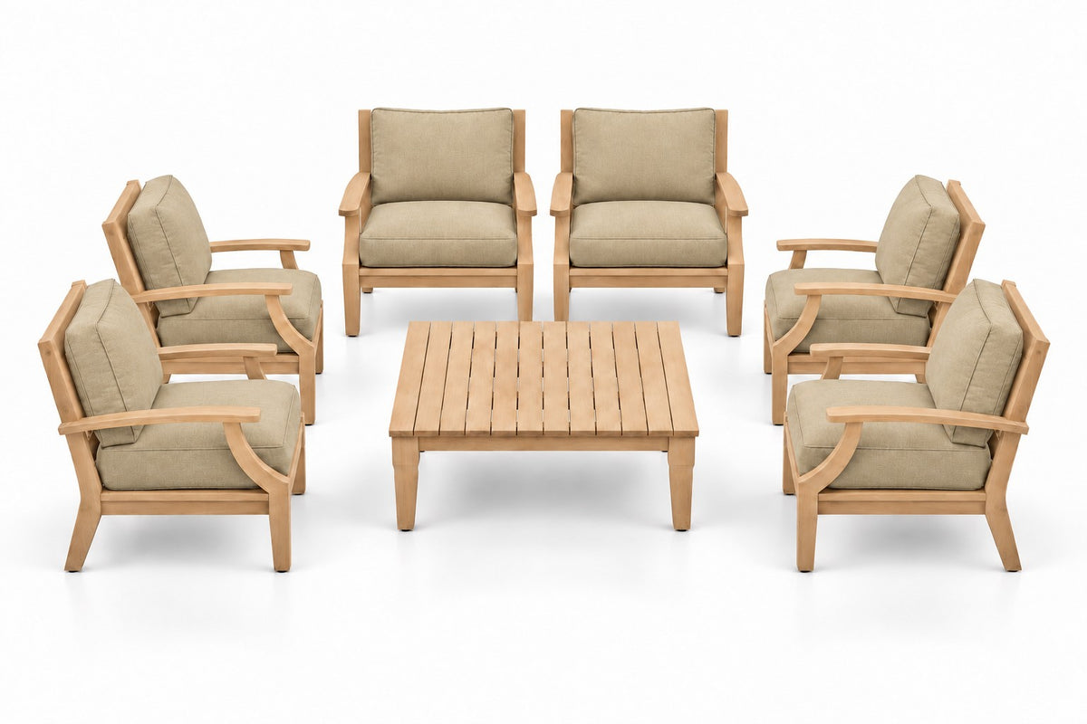Mila Teak Outdoor Club Chair Set – 7 Piece in Sunbrella 48019 Spectrum Sand | Jr's Patio San Diego