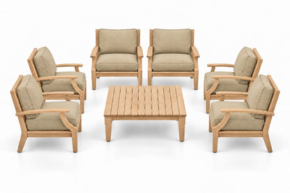 Mila Teak Outdoor Club Chair Set – 7 Piece in Sunbrella 48019 Spectrum Sand | Jr's Patio San Diego