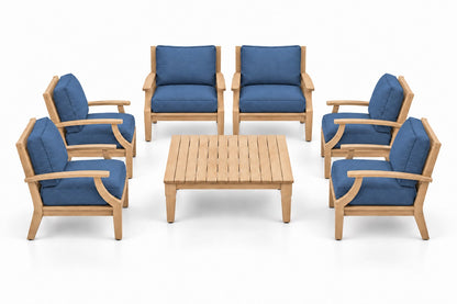 Mila Teak Outdoor Club Chair Set – 7 Piece in Sunbrella 48080 Spectrum Indigo | Jr's Patio San Diego