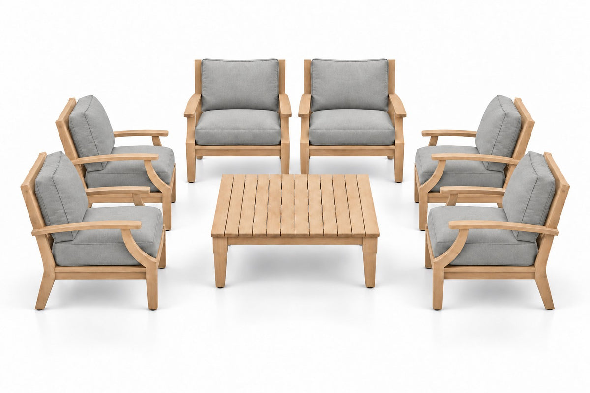 Mila Teak Outdoor Club Chair Set – 7 Piece in Sunbrella 5402 Canvas Granite | Jr's Patio San Diego
