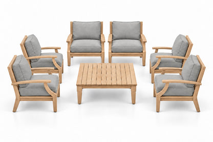 Mila Teak Outdoor Club Chair Set – 7 Piece in Sunbrella 5402 Canvas Granite | Jr's Patio San Diego