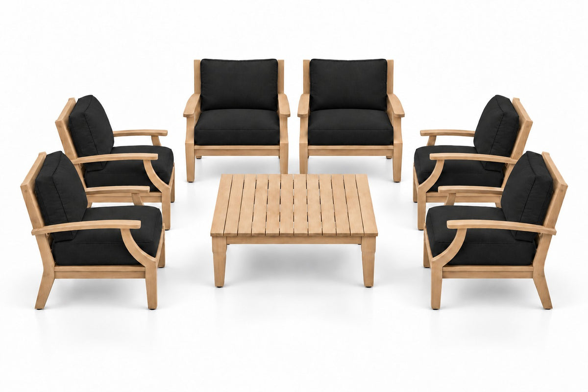 Mila Teak Outdoor Club Chair Set – 7 Piece in Sunbrella 5408 Canvas Black | Jr's Patio San Diego