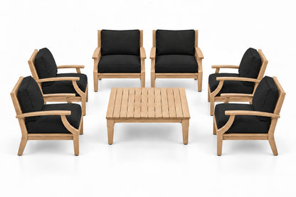 Mila Teak Outdoor Club Chair Set – 7 Piece in Sunbrella 5408 Canvas Black | Jr's Patio San Diego