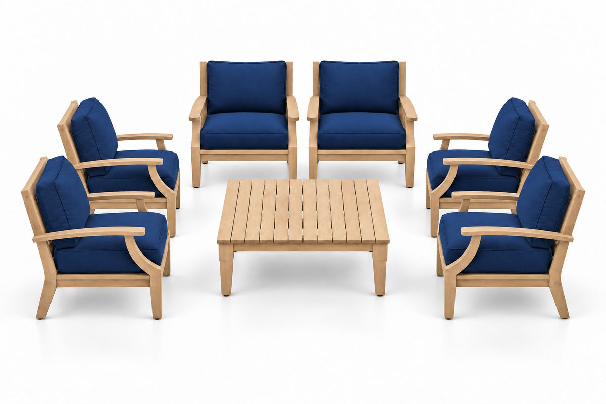 Mila Teak Outdoor Club Chair Set – 7 Piece in Sunbrella 5439 Canvas Navy | Jr's Patio San Diego