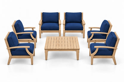 Mila Teak Outdoor Club Chair Set – 7 Piece in Sunbrella 5439 Canvas Navy | Jr's Patio San Diego