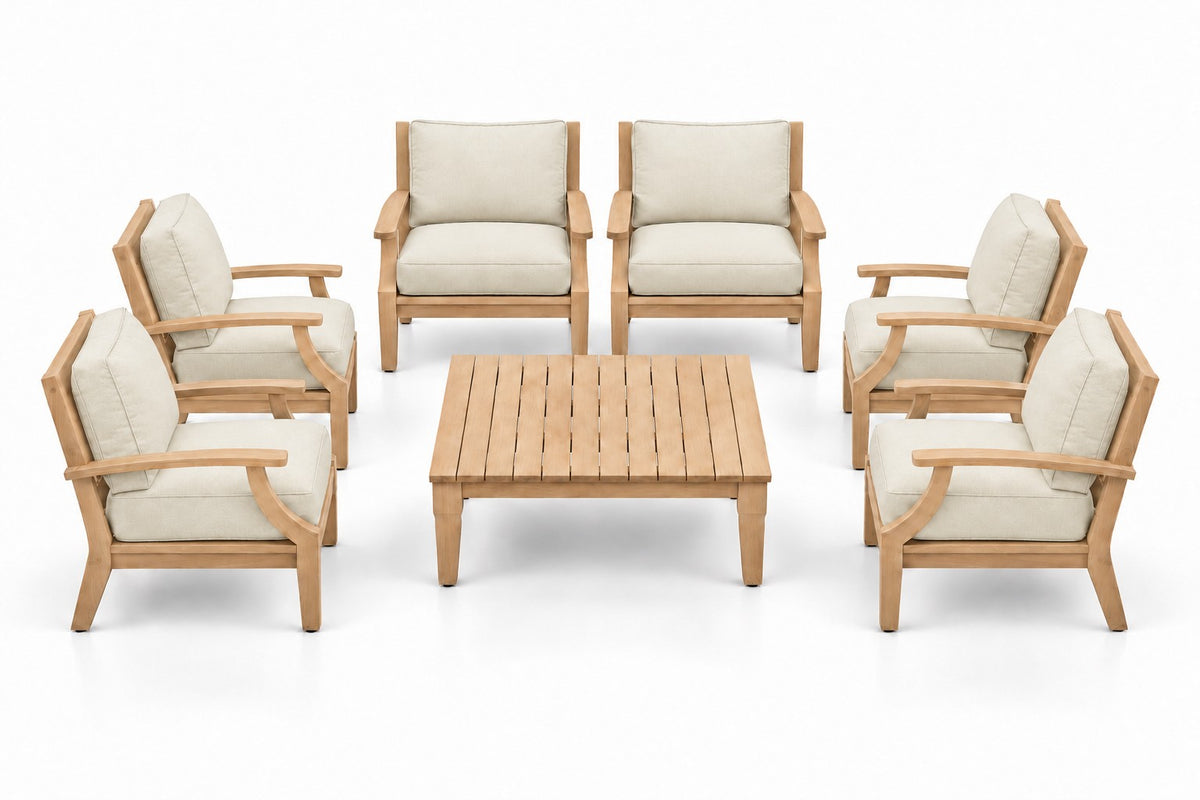 Mila Teak Outdoor Club Chair Set – 7 Piece in Sunbrella 5453 Canvas Canvas | Jr's Patio San Diego