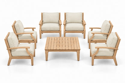 Mila Teak Outdoor Club Chair Set – 7 Piece in Sunbrella 5453 Canvas Canvas | Jr's Patio San Diego
