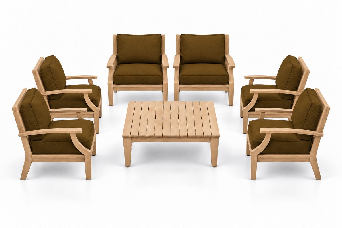 Mila Teak Outdoor Club Chair Set – 7 Piece in Sunbrella 5488 Canvas Teak | Jr's Patio San Diego