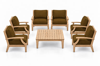 Mila Teak Outdoor Club Chair Set – 7 Piece in Sunbrella 5488 Canvas Teak | Jr's Patio San Diego