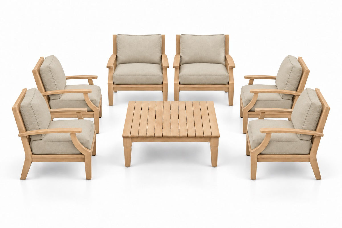 Mila Teak Outdoor Club Chair Set – 7 Piece in Sunbrella 5492 Canvas Flax | Jr's Patio San Diego