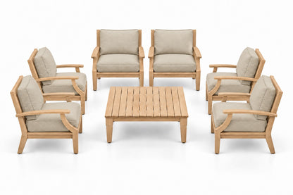 Mila Teak Outdoor Club Chair Set – 7 Piece in Sunbrella 5492 Canvas Flax | Jr's Patio San Diego