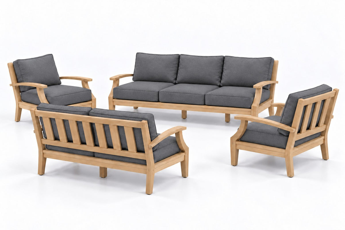 Mila Teak Outdoor Sofa & Loveseat Conversation Set – 4 Piece in Sunbrella 40434 Cast Slate | Jr's Patio San Diego