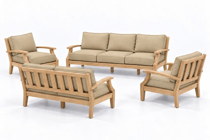 Mila Teak Outdoor Sofa & Loveseat Conversation Set – 4 Piece in Sunbrella 48019 Spectrum Sand | Jr's Patio San Diego