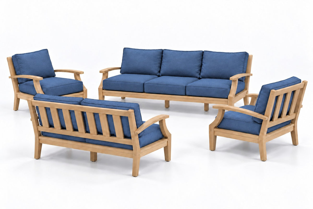 Mila Teak Outdoor Sofa & Loveseat Conversation Set – 4 Piece in Sunbrella 48080 Spectrum Indigo | Jr's Patio San Diego