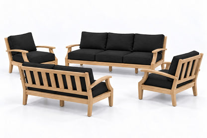 Mila Teak Outdoor Sofa & Loveseat Conversation Set – 4 Piece in Sunbrella 5408 Canvas Black | Jr's Patio San Diego