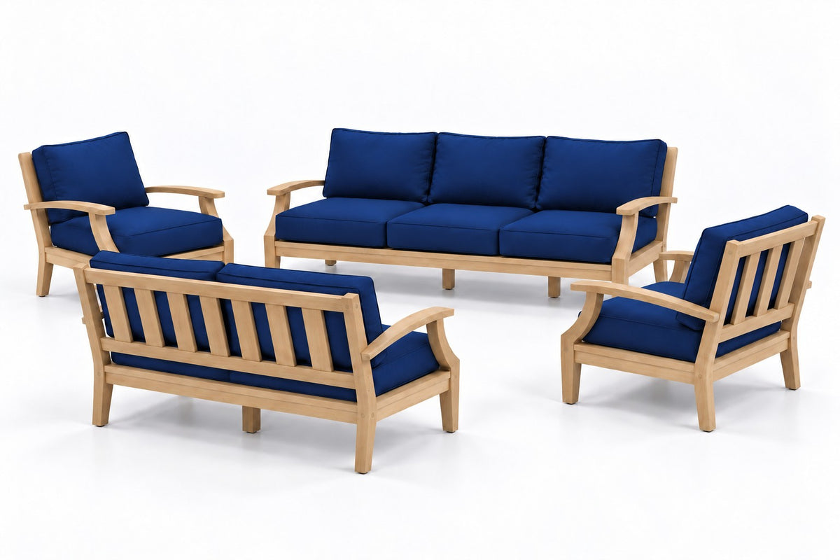 Mila Teak Outdoor Sofa & Loveseat Conversation Set – 4 Piece in Sunbrella 5439 Canvas Navy | Jr's Patio San Diego