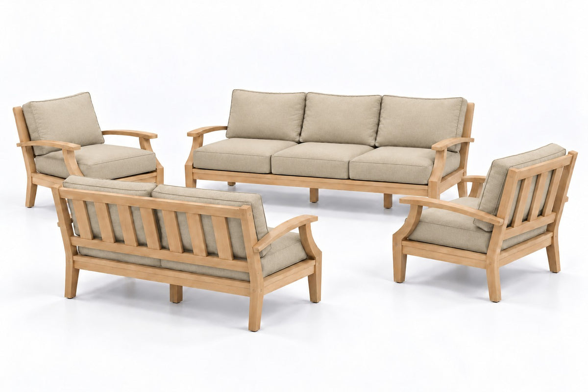 Mila Teak Outdoor Sofa & Loveseat Conversation Set – 4 Piece in Sunbrella 5492 Canvas Flax | Jr's Patio San Diego