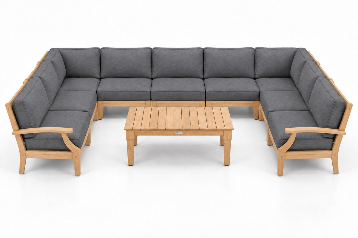 Mila Teak Outdoor U-Shape Sectional – 10 Piece in Sunbrella 40434 Cast Slate | Jr's Patio San Diego