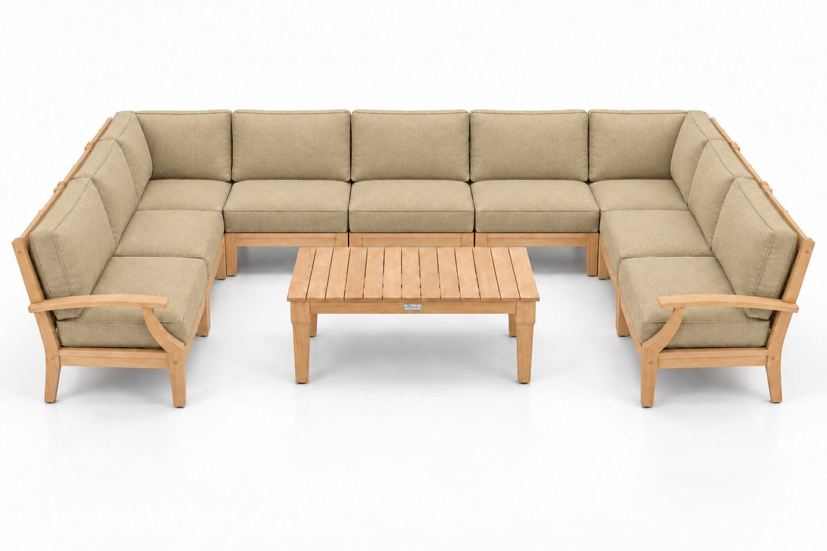 Mila Teak Outdoor U-Shape Sectional – 10 Piece in Sunbrella 48019 Spectrum Sand | Jr's Patio San Diego