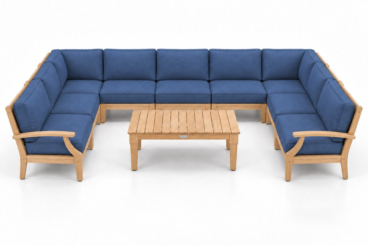 Mila Teak Outdoor U-Shape Sectional – 10 Piece in Sunbrella 48080 Spectrum Indigo | Jr's Patio San Diego